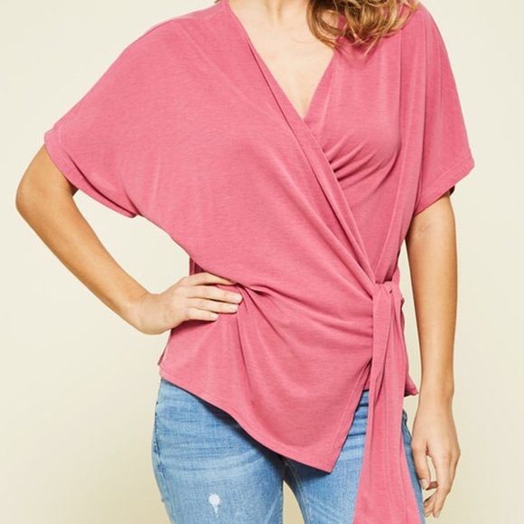 🆕Modal Cupro Knit Pink Raspberry Sorbet Short Flutter Sleeve Genuine Wrap Top - Picture 3 of 6